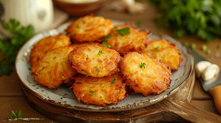A plate of golden hash brown patties on a wooden kitchen table