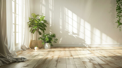 Fototapeta na wymiar A large open room with a white wall and a window. A potted plant sits in the corner of the room