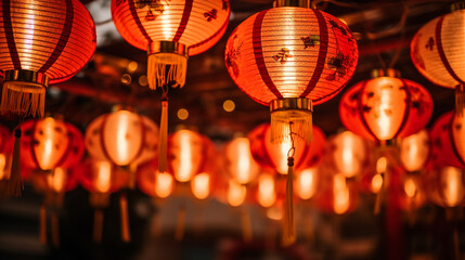 Fototapeta premium Jiufen old street with tourists walking and shopping .at night Traditional Chinese lanterns hanging along the narrow street.