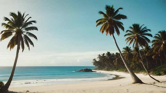 Early morning on a tropical ocean beach with palms trees. Sea waves on a wild sandy shore landscape. The concept of summer vacation and travel