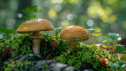Two mushrooms are growing on a mossy log