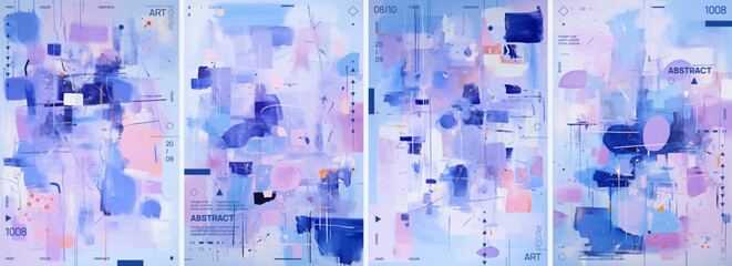 An abstract art piece featuring four posters, each displaying an array of pastel colored shapes and lines in shades of blue, pink, purple, and white.