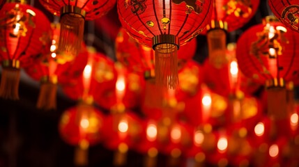 Fototapeta premium Jiufen old street with tourists walking and shopping .at night Traditional Chinese lanterns hanging along the narrow street.