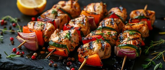 Popular Summer Outdoor Dish: Grilled Chicken and Vegetable Shish Kebabs. Concept Grilled Recipes, Summer Dishes, Outdoor Cooking, BBQ Ideas, Healthy Eating