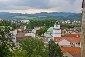 Slovakian city of Trencin. A view from above of the old town and the mountains in the background.