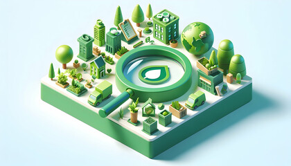 Isometric 3D Green Magnify Icon Enhancing Green Initiatives and Sustainable Business Practices with Magnifying Glass in Scene