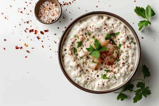 BABA GANUSH (AUBERGINE AND YOGURT DIP) on whte background