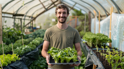Happy Young Farmer with Seedlings in a Sustainable Greenhouse