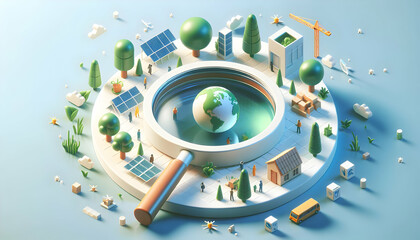 Sustainability Showcase: 3D Icon Highlighting Achievements with Magnifying Glass on Abstract Wallpaper in Isometric Scene