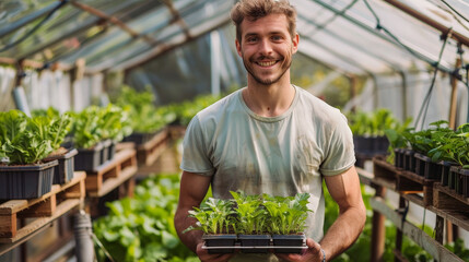 Happy Young Farmer with Seedlings in a Sustainable Greenhouse - 794984643