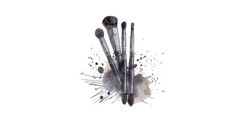 
Watercolor vector illustration of makeup brushes on a white background