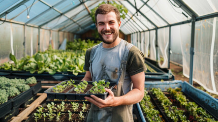 Happy Young Farmer with Seedlings in a Sustainable Greenhouse - 794984678