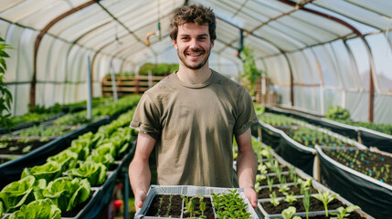 Happy Young Farmer with Seedlings in a Sustainable Greenhouse - 794984694