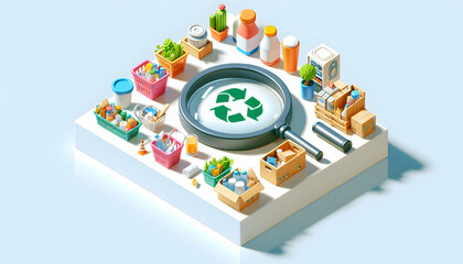 3D Zero Waste Lifestyle Elements Zoomed in Isometric View Through Magnifying Glass