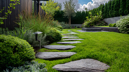 Serenely Designed Garden Path with Natural Stone Stepping Stones