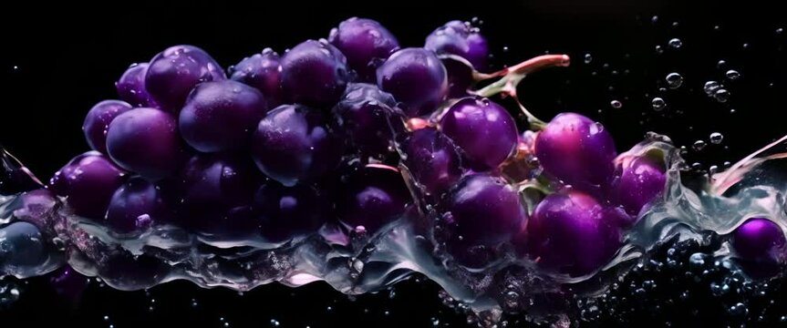 A bunch of grapes plunging into darkness, vibrant splash patterns forming
