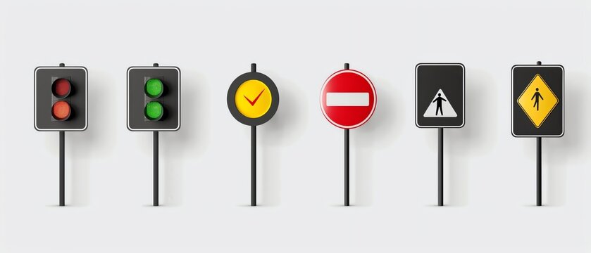 Realistic Image of traffic signs and signals on a white background, Realistic.