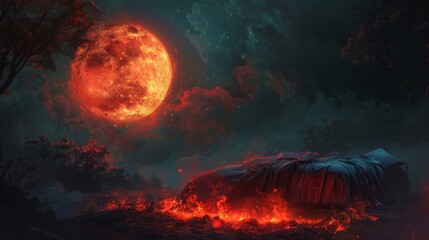 Sweet dreams in a fiery embrace, bed under a haunting blood moon, with the night's watchful eye overseeing from above