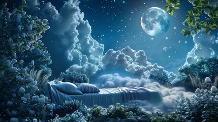 Restful garden oasis in the sky, bed cradled by clouds under the moon's watchful eye, night sky enveloping the scene in calm