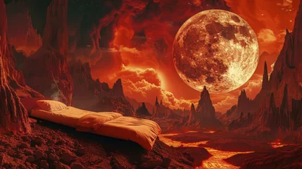 Deurstickers Bed in a surreal landscape of flames, under a crimson moonlight, watched over by an omnipresent eye in the cosmos © Paul