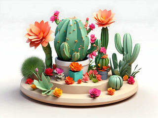 3D Cartoon Chibi Style: Fiesta Flora - A Botanical Collection of Cartoon Cacti Adorned with Flowers and Ribbons in a Festive Isometric Scene