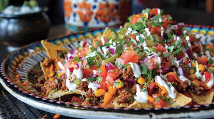 A nacho dish with cheese and pulled pork