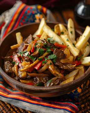 a delicious dish of peruan Lomo saltado with French fries