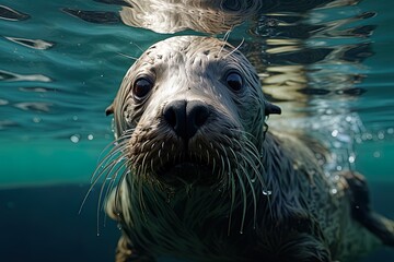 Seal underwater looking at the camera