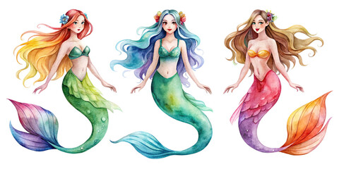 Obraz premium set of watercolor mermaids isolated on transparent background