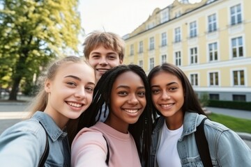 Fototapeta premium Multiethnic teenagers smiling for a group selfie in front of their school, signifying friendship and diversity. Diverse Group of Friends Taking Selfie at School