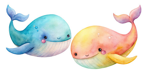 Cartoon whale. A whale colorful in watercolor. Underwater world. The illustration is suitable for decorating a children's room on transparent background