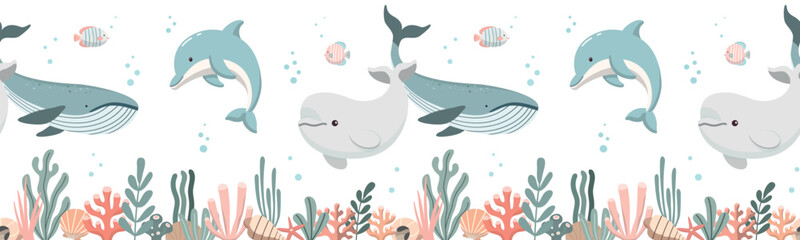 Seamless border pattern with sea animals, corals and seaweed. Perfect for kids fabric, wallpaper, wrapping paper. Isolated on white background © Alex_Zakharov