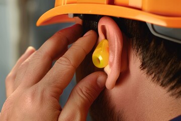 Close-Up: Worker Inserting Yellow Hearing Protection Earplug for Safety Generative Ai
