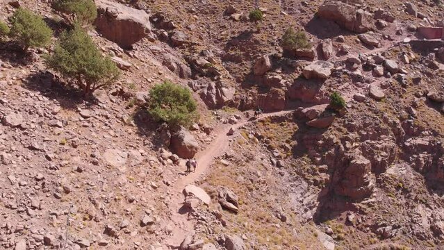 Toubkal, Morocco - A group of young travlers in a mountain going on a trip in Toubkal in the Atlas Mountains - CIRCA 2021