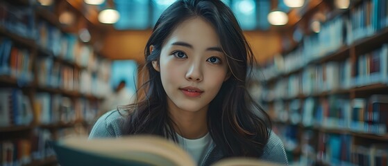 Asian female student studying and taking notes in college library. Concept Student life, College library, Asian student, Taking notes, Studying