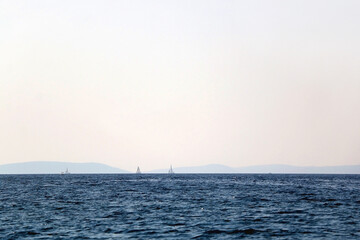 Sailing boat and beautiful Adriatic sea landscape in Croatia. - obrazy, fototapety, plakaty