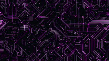 Intricate Circuit Board Design Background in Neon Colors Reflecting Modern Technology Trends. Horizontal cyber purple technology background