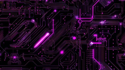 Neon Purple Circuit Board Abstract Background Illustration. Horizontal cyber violet technology...