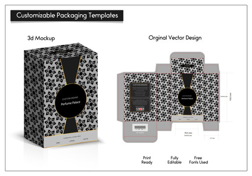 Product 3D Box Packaging die-cut template design, 3d mock-up Collection of design elements, labels, icons, and frames, for logos, packaging, and luxury products for perfume, and soap, Isolated on