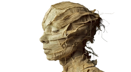 An portait of feamle face sculpture made from recycled cloth bandage materials, Fragmented Sculpture Head Isolated on transparent png
