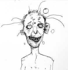 Single simple bad messy line drawing of the head and shoulders of a man with many pins stuck in his face, smiling, ai generated. This sketch conveys simplicity and emotional facial expressions.