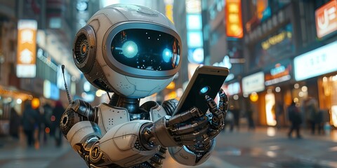 Adorable robot assistant beaming a holographic smartphone display from its friendly metal palms 
