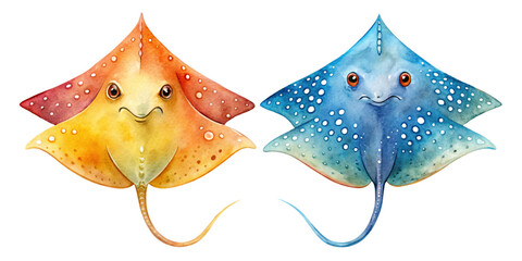 cute Stingray watercolor, Set of sea animals colorful ocean Stingray fish on transparent background