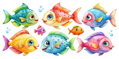 set of watercolor colorful tropical fish isolated on trans parent background, Cute watercolor set of cartoon underwater ocean sea animals
