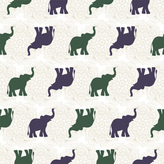 Dark elephants silhouette with golden mandala seamless surface pattern design on a white background for fabric, textile, paper, package, tribal pattern