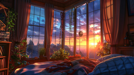 window, sunset, sky, view, sun, landscape, interior, sunrise, room, winter, tree, sea, light, nature, house, snow, water, clouds, hom