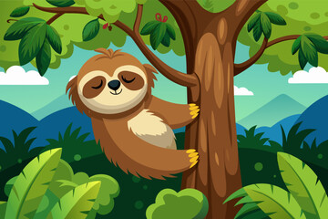 Naklejka premium A sleepy sloth hanging from a tree