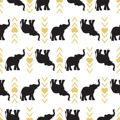 Elephants with heart seamless surface pattern design on a dark background for fabric, textile, paper, package