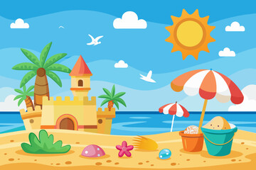 A sunny day at the beach with sandcastles and seashells
