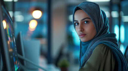 Hijab Wearing Businesswoman Engaged in Data Analysis, Illustrating Women in Tech